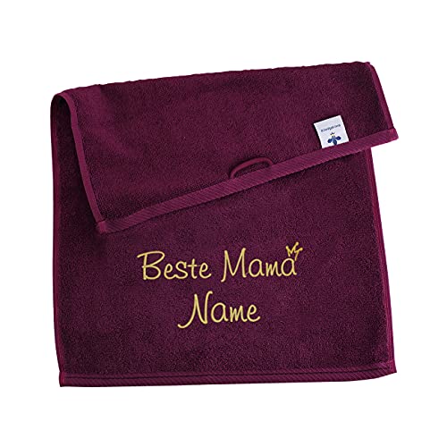 Herz & Heim® Brombeerfarbendes Handtuch Beste Mama mit Name Bestickt in 3 Größen 50 cm x 100 cm von Herz & Heim