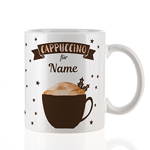 Herz & Heim® Cappuccino Tasse mit Aufdruck des Wunschnamens für die Winterzeit von Herz & Heim