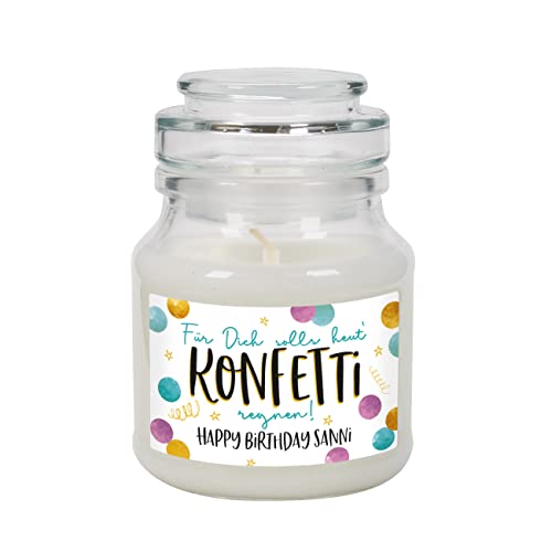 Herz & Heim® Dankeschön-Geschenk Duftkerze mit persönlichem Etikett ca. 7 cm x 10 cm (Ø/H), Konfetti von Herz & Heim