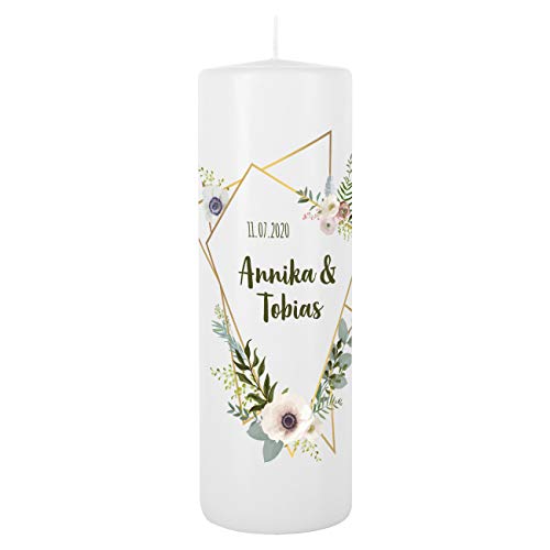 Herz & Heim® Elegante Hochzeits-Kerze mit Namen und Datum sowie Wunschtext für den schönsten Tag im Leben von Herz & Heim