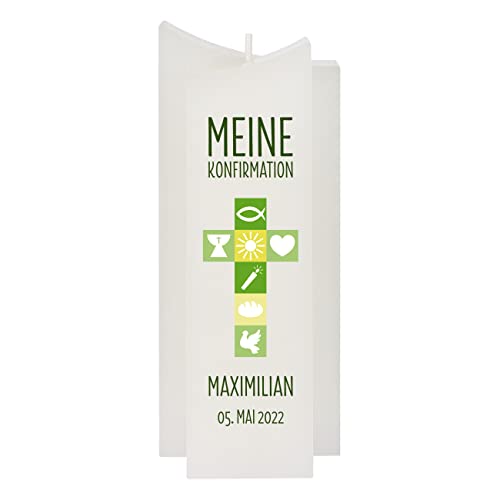 Herz & Heim® Elegante Kerzen zur Taufe, Konfirmation und Kommunion, verschiedene Motive, personalisiert Grün, Meine Konfirmation von Herz & Heim