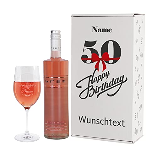 Herz & Heim® Geburtstagsgeschenk zum 50. Geburtstag - Bree Weinflasche, Weinglas mit Gravur in Geschenkverpackung Rosé von Herz & Heim