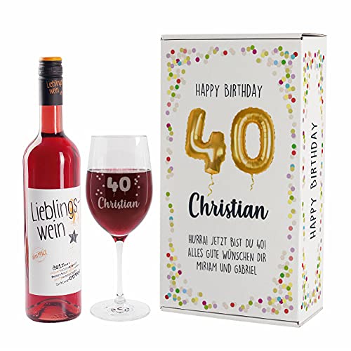 Herz & Heim® Geburtstagsset mit Lieblingswein und graviertem Leonardo Weinglas in Geschenkverpackung Rosé, 40. Geburtstag von Herz & Heim