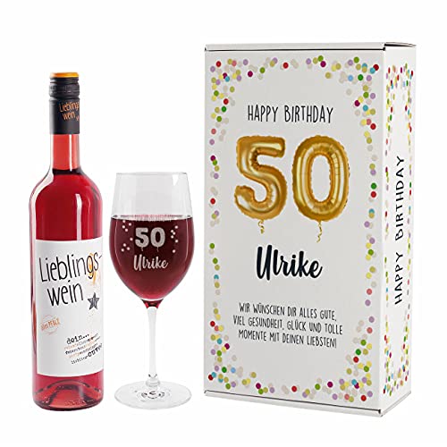 Herz & Heim® Geburtstagsset mit Lieblingswein und graviertem Leonardo Weinglas in Geschenkverpackung Rosé, 50. Geburtstag von Herz & Heim