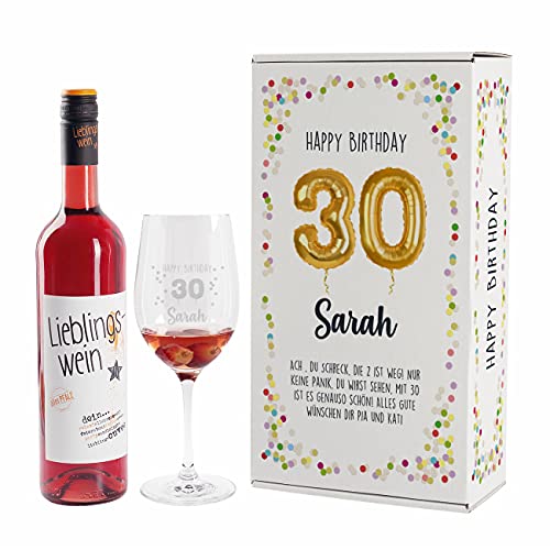 Herz & Heim® Geburtstagsset mit Lieblingswein und graviertem Leonardo Weinglas in Geschenkverpackung Rot, 30. Geburtstag von Herz & Heim