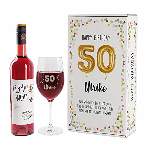 Herz & Heim® Geburtstagsset mit Lieblingswein und graviertem Leonardo Weinglas in Geschenkverpackung Rot, 50. Geburtstag von Herz & Heim