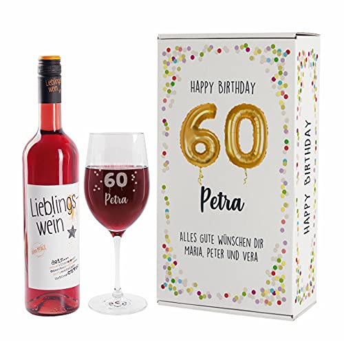 Herz & Heim® Geburtstagsset mit Lieblingswein und graviertem Leonardo Weinglas in Geschenkverpackung Weiß, 60. Geburtstag von Herz & Heim