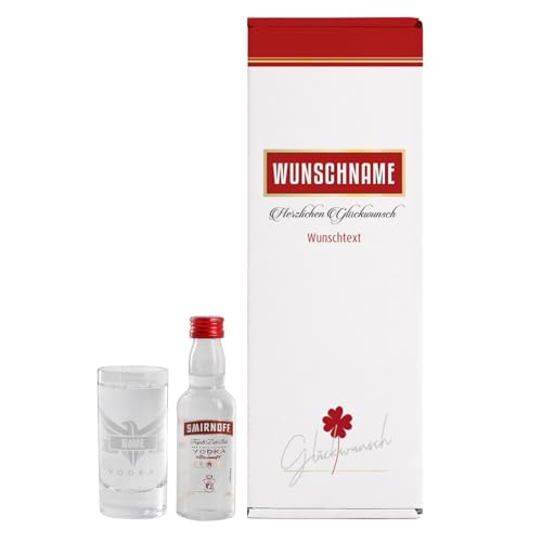 Herz & Heim® Geschenkset mit graviertem Vodkaglas, Fläschchen und personaliserter Geschenkverpackung (Adler - Wunschname & -text) von Herz & Heim