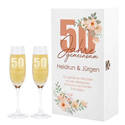Herz & Heim® Geschenkset zum Hochzeitsjubiläum, mit 2 Sektgläsern und Geschenkbox, personalisiert Goldene Hochzeit von Herz & Heim