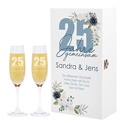 Herz & Heim® Geschenkset zum Hochzeitsjubiläum, mit 2 Sektgläsern und Geschenkbox, personalisiert Silberne Hochzeit von Herz & Heim