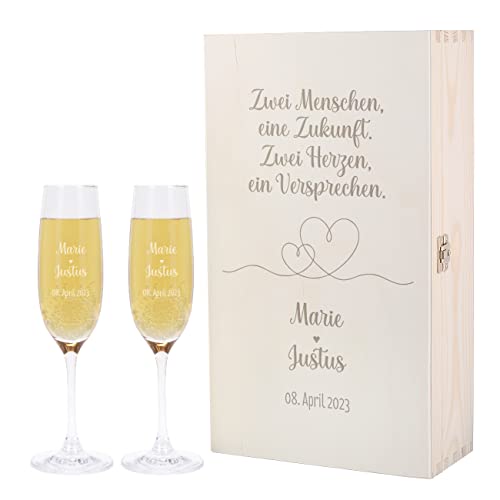 Herz & Heim® Geschenkset zur Hochzeit -Zwei Herzen, ein Versprechen- mit Sektgläsern und Geschenkbox, personalisiert von Herz & Heim