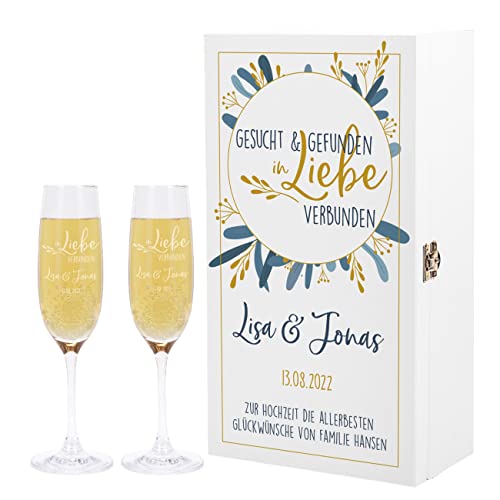 Herz & Heim® Geschenkset zur Hochzeit mit 2 Sektgläsern und Holzbox In Liebe verbunden von Herz & Heim