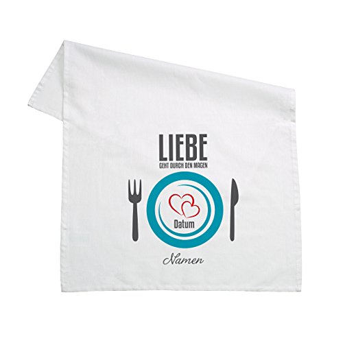 Herz & Heim® Geschirrtuch 100% Baumwolle 45 x 70 cm - Liebe geht durch den Magen - mit Aufdruck Ihrer Namen und Datum Weiß von Herz & Heim