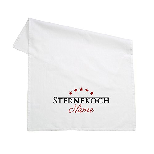 Herz & Heim® Geschirrtuch 100% Baumwolle 45 x 70 cm - Sternekoch - mit Aufdruck Ihres Wunschnamens Weiß von Herz & Heim