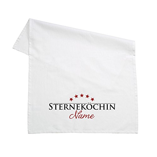 Herz & Heim® Geschirrtuch 100% Baumwolle 45 x 70 cm - Sterneköchin - mit Aufdruck Ihres Wunschnamens Weiß von Herz & Heim