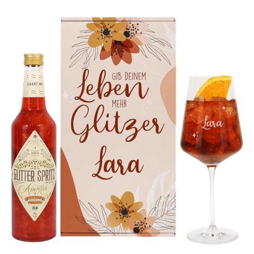 Herz & Heim® Glitter Geschenkset mit graviertem Glas, Geschenkbox und Glitter Spritz Flasche, Motivauswahl, personalisiert (Gib deinem Leben mehr Glitzer) von Herz & Heim