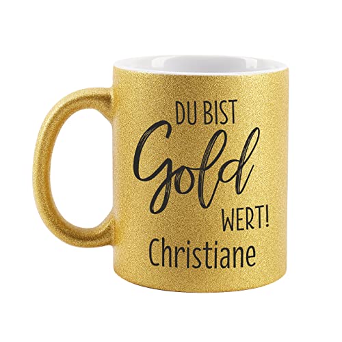 Herz & Heim® Goldene Tasse mit Aufdruck des Wunschnamens für Kaffeegenießer Du bist Gold wert von Herz & Heim