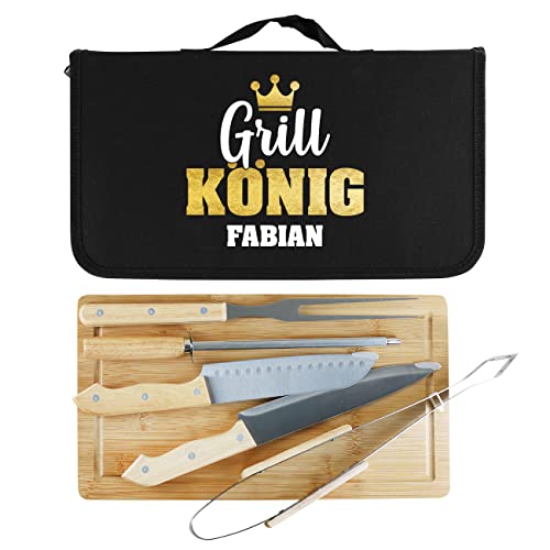 Herz & Heim® Grillbesteckset 7-teilig, inkl. Holzbrettchen und personalisierter Tasche, Verschiedene Motive zur Wahl Grillkönig von Herz & Heim