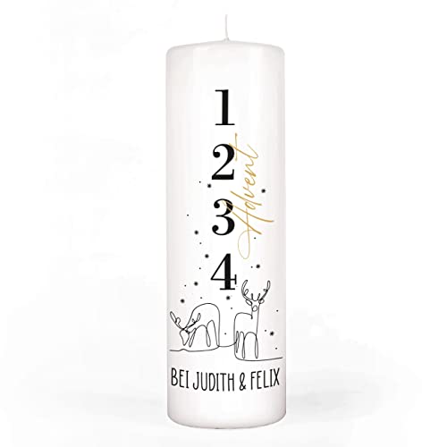 Herz & Heim® Große Adventskerze bedruckt mit Rentieren und Wunschtext von Herz & Heim