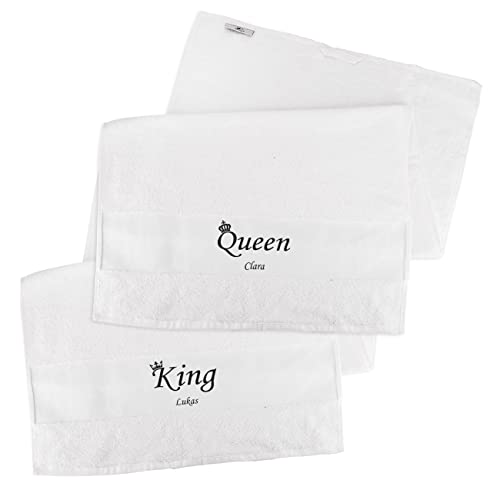 Herz & Heim® Handtuch-Set 2 Stück (Weiß, 50x100) für Paare mit Aufdruck des Namens/Hochzeitsgeschenk King & Queen von Herz & Heim