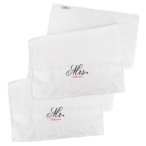 Herz & Heim® Handtuch-Set 2 Stück (Weiß, 50x100) für Paare mit Aufdruck des Namens/Hochzeitsgeschenk Mr & Mrs von Herz & Heim