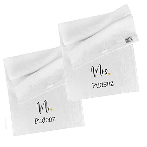 Herz & Heim® Handtuch Set -Mr & Mrs- mit Namen Bestickt, 2 Größen 50 x 100 cm von Herz & Heim