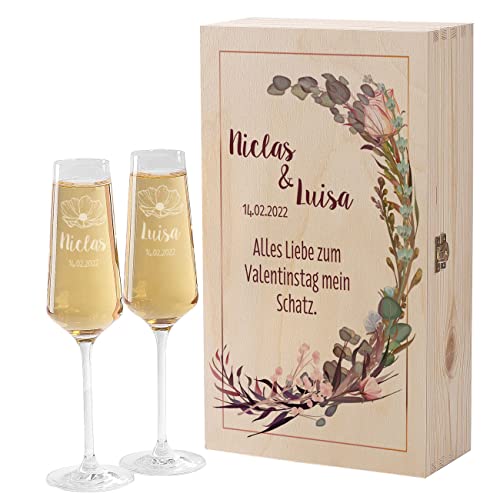 Herz & Heim® Hochzeits-Geschenk mit 2 Leonardo Puccini Sektgläser mit Gratis Gravur und bedruckter Holzbox von Herz & Heim