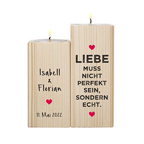 Herz & Heim® Hochzeitsgeschenk Teelichthalter mit Aufdruck im 2-er Set mit Personalisierung Echte Liebe von Herz & Heim