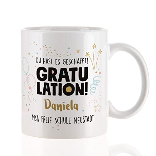 Herz & Heim® Kaffeetasse - Geschenk Abitur 2024 oder Schulabschluss - mit Namensaufdruck Gratulation von Herz & Heim