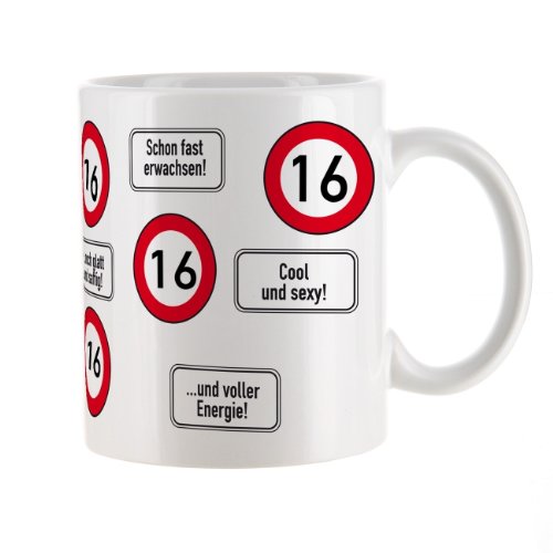 Herz & Heim® Kaffeetasse zum 16.Geburtstag mit Verkehrszeichen von Herz & Heim