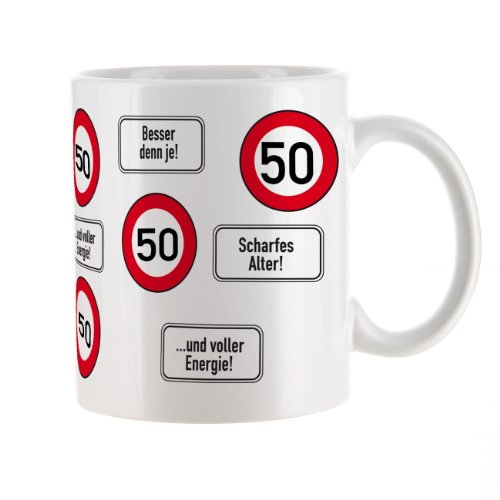 Herz & Heim® Kaffeetasse zum 50.Geburtstag mit Verkehrszeichen von Herz & Heim