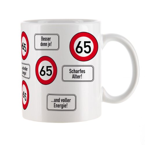 Herz & Heim® Kaffeetasse zum 65.Geburtstag mit Verkehrszeichen von Herz & Heim