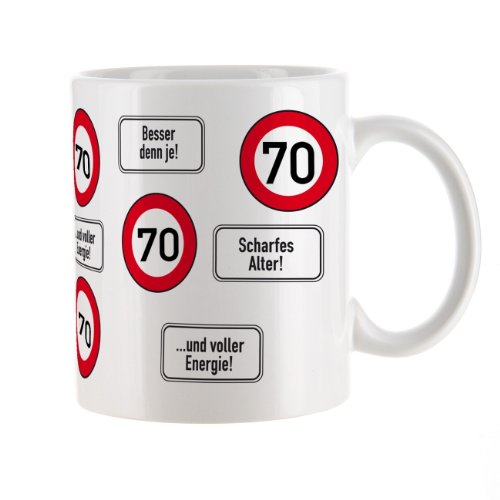 Herz & Heim® Kaffeetasse zum 70.Geburtstag mit Verkehrszeichen von Herz & Heim