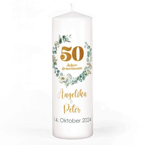 Herz & Heim® Kerze zur Goldenen Hochzeit, 4 Motive mit Eukalyptus zur Wahl, personalisiert mit Namen & Datum (Motiv 3) von Herz & Heim