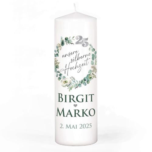 Herz & Heim® Kerze zur Silberhochzeit, 4 Motive mit Eukalyptus zur Wahl, personalisiert mit Namen & Datum (Motiv 2) von Herz & Heim