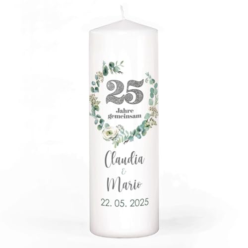 Herz & Heim® Kerze zur Silberhochzeit, 4 Motive mit Eukalyptus zur Wahl, personalisiert mit Namen & Datum (Motiv 3) von Herz & Heim