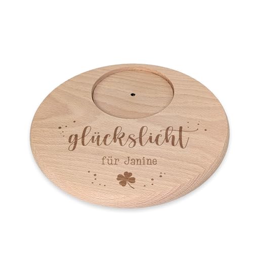 Herz & Heim® Kerzenhalter aus Holz mit Gravur Glückslicht – Personalisiert mit Name oder Wunschtext – Untersetzer für Kerzen aus Buchenholz – Geschenkidee & Glücksbringer von Herz & Heim