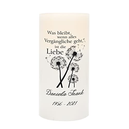 Herz & Heim® LED Kerze als Trauerkerze mit Namen und Daten für Kondolenz Pusteblume von Herz & Heim