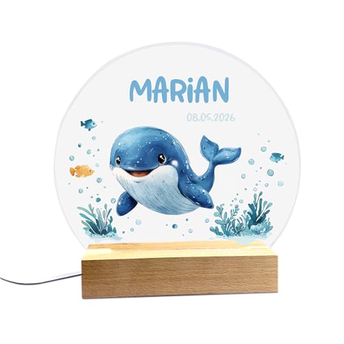 Herz & Heim® LED Nachtlicht mit niedlichem Design personalisierbar mit Wunschname & Datum (Wal) von Herz & Heim