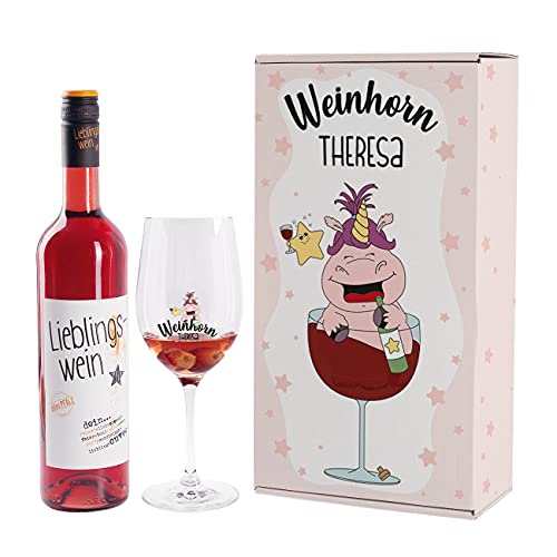 Herz & Heim® Lustiges Party-Geburtstagsgeschenk mit Lieblingswein und bedrucktem Leonardo Weinglas in Geschenkverpackung Rot, Weinhorn von Herz & Heim