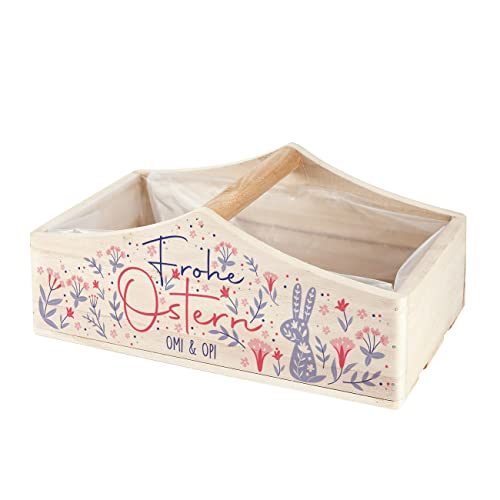 Herz & Heim® Osternest Pflanzkiste mit Gravur oder Druck - Osterkörbchen gezeichnete Blumen und Osterhase von Herz & Heim