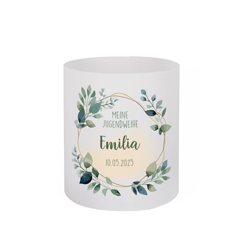 Herz & Heim® Personalisierbare Lichthülle zur Jugendweihe – Dekorative Tischlaterne mit Name & Datum – Verschiedene Größen – Festliche Teelicht-Hülle als Geschenk für die Feier (10 cm x 8,5 cm (H/Ø)) von Herz & Heim