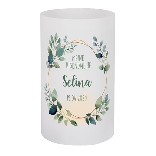 Herz & Heim® Personalisierbare Lichthülle zur Jugendweihe – Dekorative Tischlaterne mit Name & Datum – Verschiedene Größen – Festliche Teelicht-Hülle als Geschenk für die Feier (15 cm x 8,5 cm (H/Ø)) von Herz & Heim