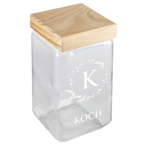 Herz & Heim® Personalisierbares Vorratsglas mit Bambusdeckel – 2 l Glasdose mit individuellem Aufdruck – Geschenk zu Hochzeit, Geburtstag, Einzug – luftdicht & dekorativ (Monogramm (weiß)) von Herz & Heim