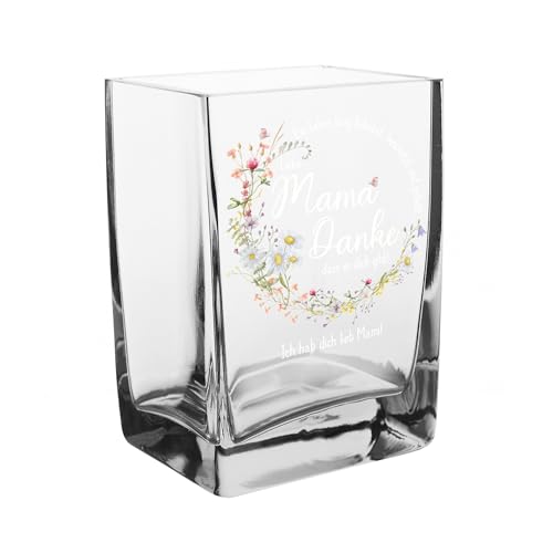 Herz & Heim® Personalisierte Glasvase mit Blumendesign – Geschenk zum Muttertag oder als Dankeschön – Vase aus Glas für Mama mit Wunschtext von Herz & Heim