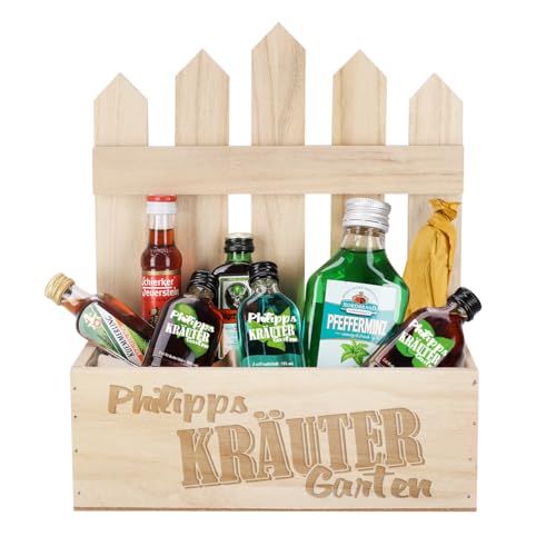 Herz & Heim® Personalisierte Holz-Geschenkbox mit Kräuterlikör – „Kräutergarten“ Motiv mit Wunschname – Verschiedene kleine Schnapsflaschen – Individuelles Geschenk für jeden Anlass von Herz & Heim
