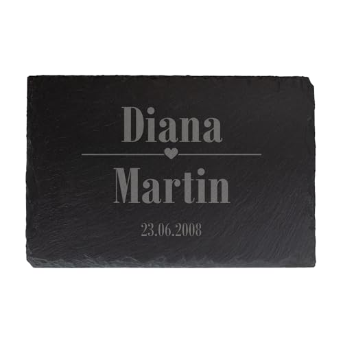Herz & Heim® Personalisierte Schieferplatte – Servierplatte 30×20 cm mit Gravur – individuell gestaltbar – Dekoplatte aus Naturschiefer als Geschenk für Hochzeit, Geburtstag, Party (Herz) von Herz & Heim