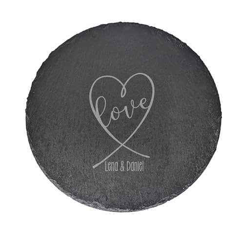 Herz & Heim® Personalisierte Servierplatte rund mit Gravur – Ø 35,5 cm Schieferplatte – Motiv wählbar – Geschenk zur Hochzeit, Geburtstag, Einweihung (Love) von Herz & Heim