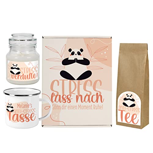 Herz & Heim® Personalisiertes Geschenk für Frauen mit Tasse, Tee und Duftkerze Stress lass nach von Herz & Heim