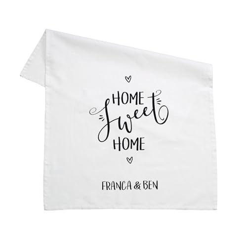 Herz & Heim® Personalisiertes Geschirrtuch „Home Sweet Home“ – Weißes Küchentuch aus Baumwolle mit Namen – Geschenk zur Hauseinweihung oder zum Einzug von Herz & Heim